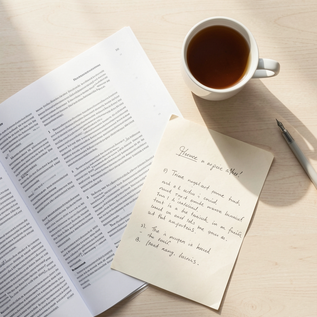 Overhead view of an editorial desk with printed research pages, a marked-up manuscript, and a cup of tea on a pale wooden surface in bright morning light