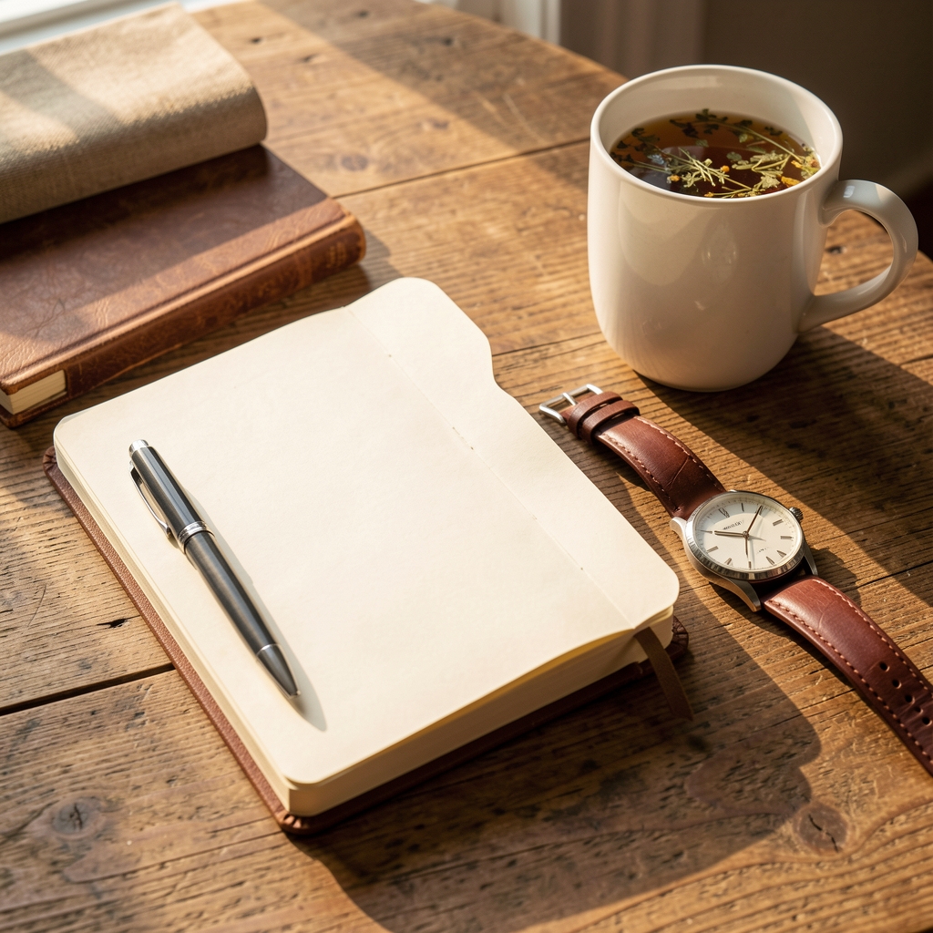 Close-up of a training journal open on a wooden desk with a pen, a wristwatch, and a mug of herbal tea in warm afternoon light