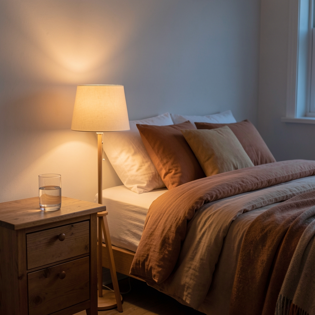 Quiet bedroom interior at dusk with warm lamp light, a glass of water on a wooden nightstand, and a softly folded duvet in earthy tones