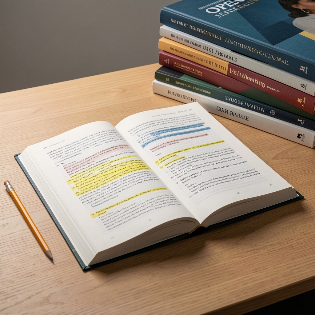 Open research journal on a desk with highlighted passages, a pencil, and stacked reference books under controlled studio lighting